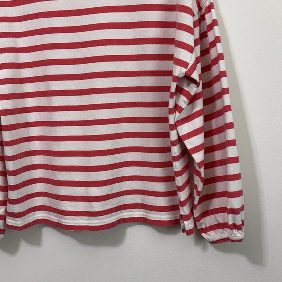 J Crew Heavy Knit Top L Pink Stripe Balloon Sleeve Popover Boat Neck Nautical - Picture 6 of 8